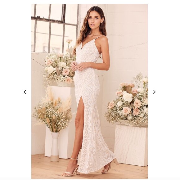 Lulus - Destined for Romance Beige and White Sequin Maxi Dress - Picture 3 of 5